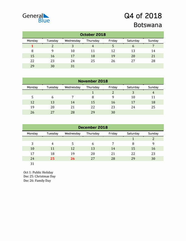 Quarterly Calendar 2018 with Botswana Holidays