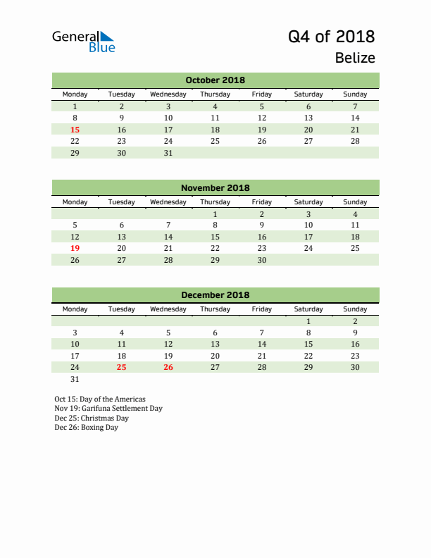 Quarterly Calendar 2018 with Belize Holidays