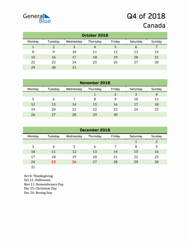 Quarterly Calendar 2018 with Canada Holidays