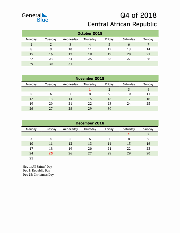 Quarterly Calendar 2018 with Central African Republic Holidays