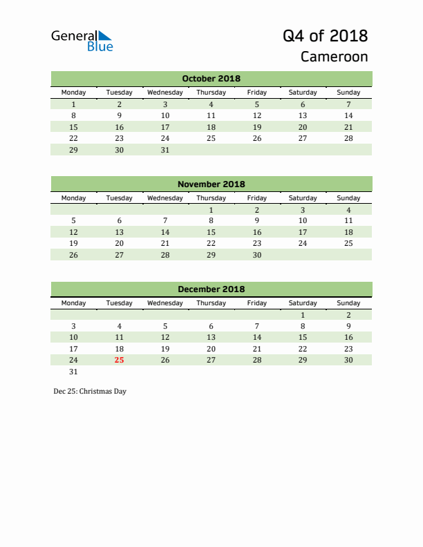 Quarterly Calendar 2018 with Cameroon Holidays