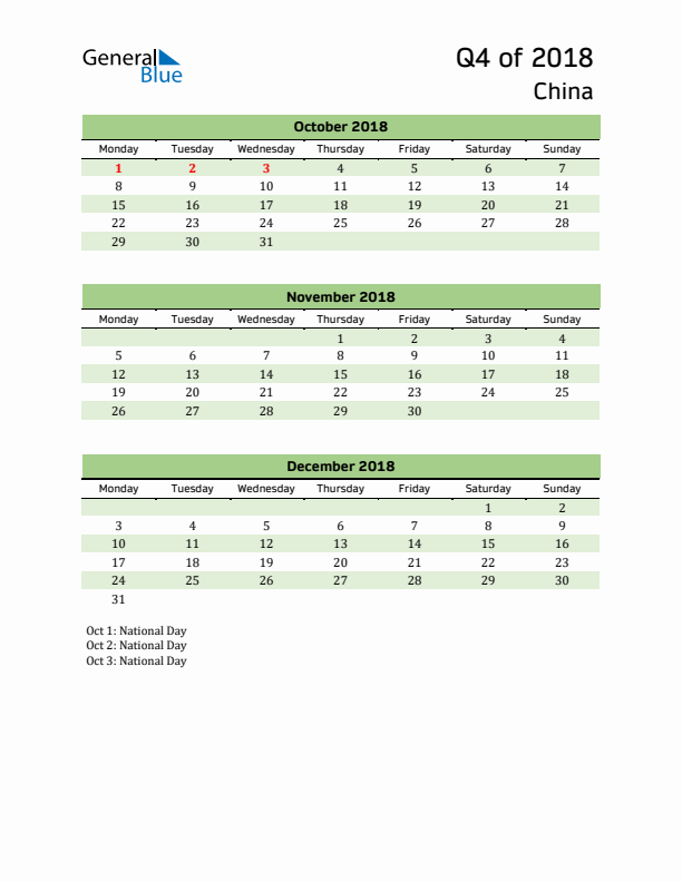 Quarterly Calendar 2018 with China Holidays