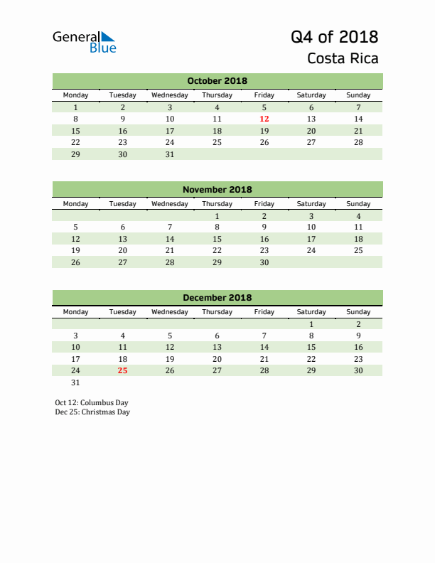 Quarterly Calendar 2018 with Costa Rica Holidays