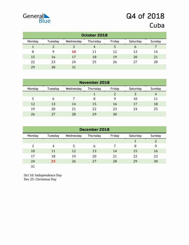 Quarterly Calendar 2018 with Cuba Holidays