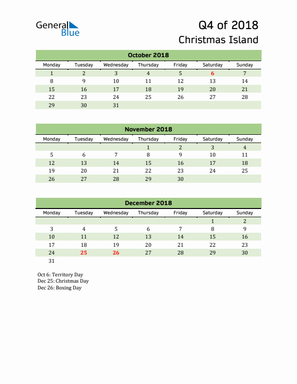 Quarterly Calendar 2018 with Christmas Island Holidays