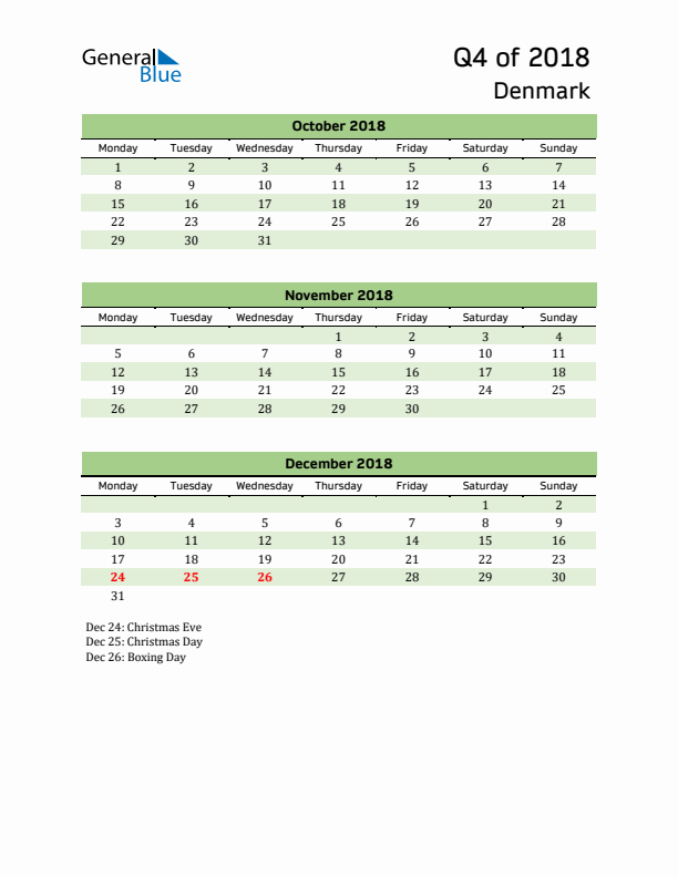 Quarterly Calendar 2018 with Denmark Holidays