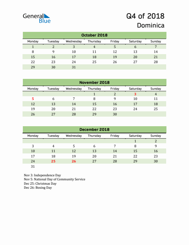 Quarterly Calendar 2018 with Dominica Holidays