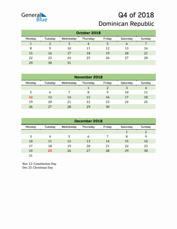 Quarterly Calendar 2018 with Dominican Republic Holidays