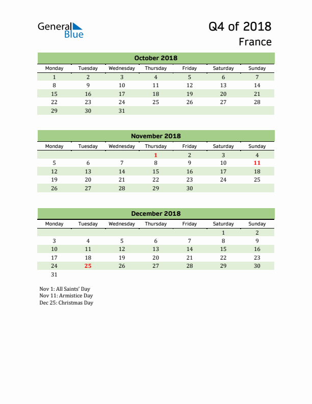 Quarterly Calendar 2018 with France Holidays