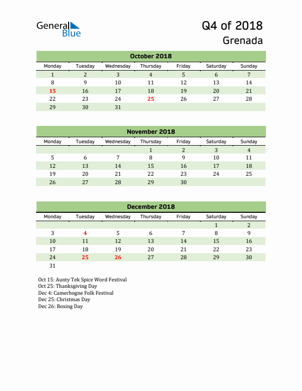 Quarterly Calendar 2018 with Grenada Holidays