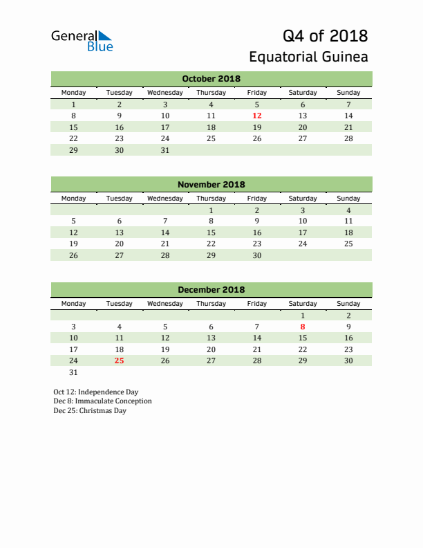 Quarterly Calendar 2018 with Equatorial Guinea Holidays