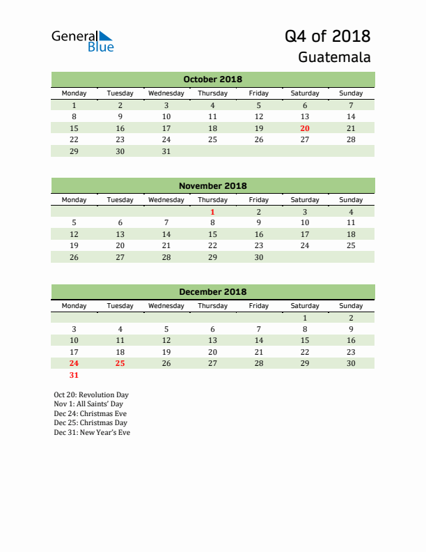 Quarterly Calendar 2018 with Guatemala Holidays