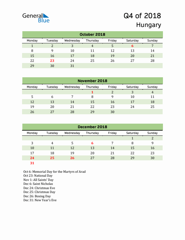 Quarterly Calendar 2018 with Hungary Holidays