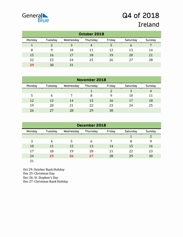 Quarterly Calendar 2018 with Ireland Holidays