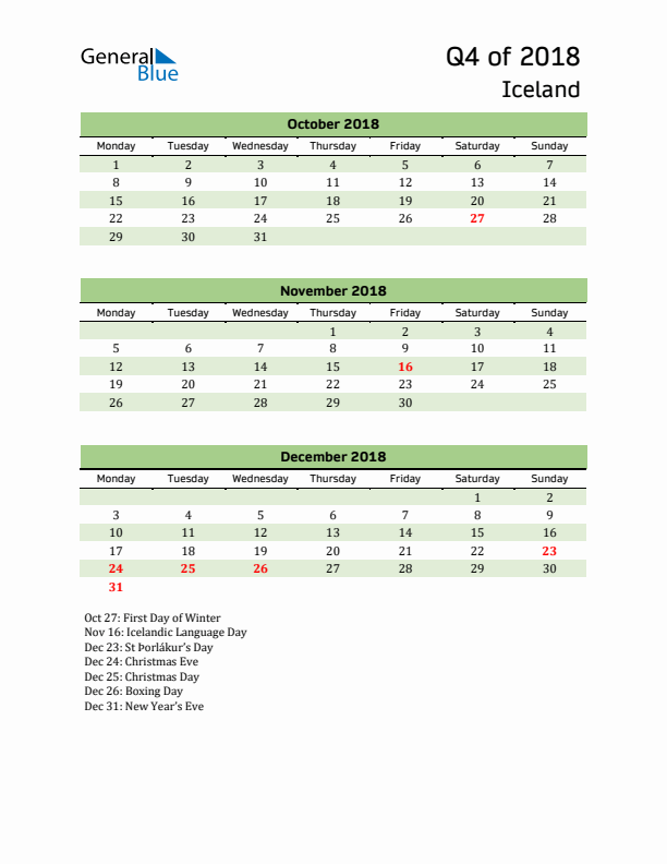 Quarterly Calendar 2018 with Iceland Holidays