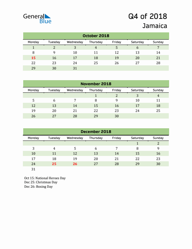 Quarterly Calendar 2018 with Jamaica Holidays