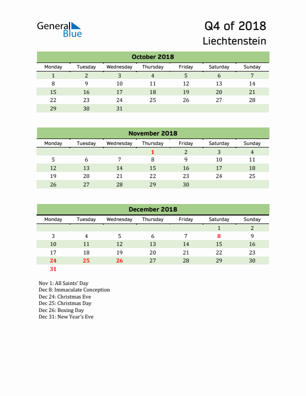 Quarterly Calendar 2018 with Liechtenstein Holidays