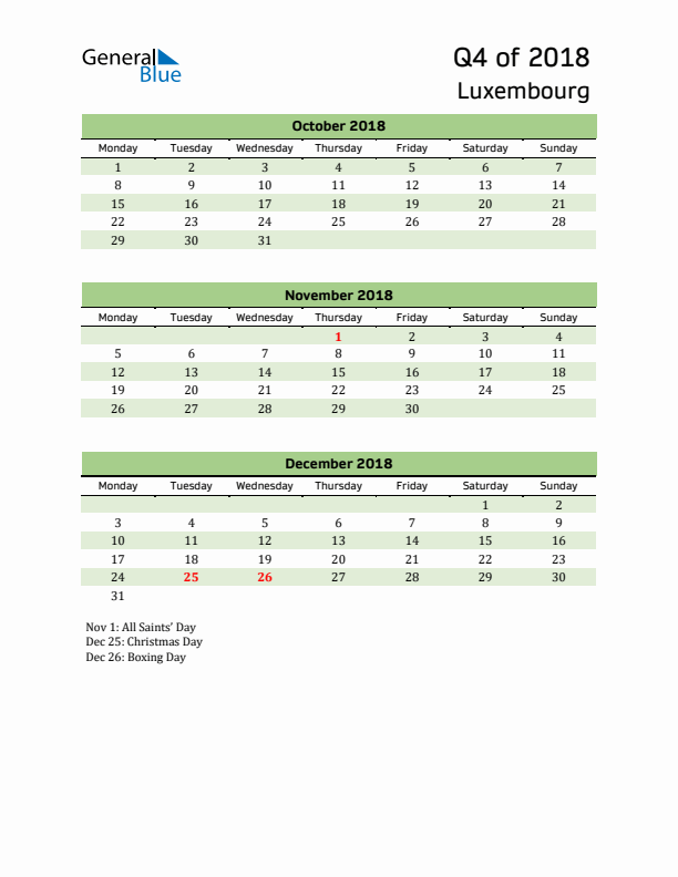 Quarterly Calendar 2018 with Luxembourg Holidays