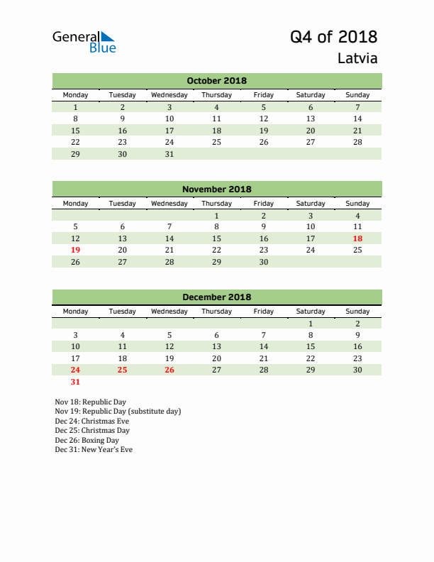 Quarterly Calendar 2018 with Latvia Holidays