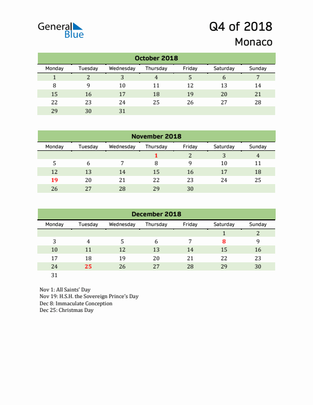 Quarterly Calendar 2018 with Monaco Holidays