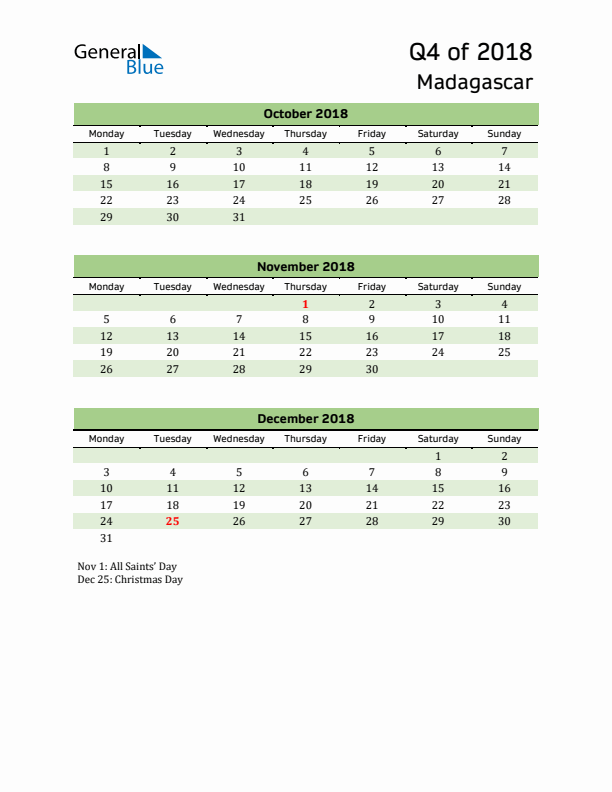 Quarterly Calendar 2018 with Madagascar Holidays