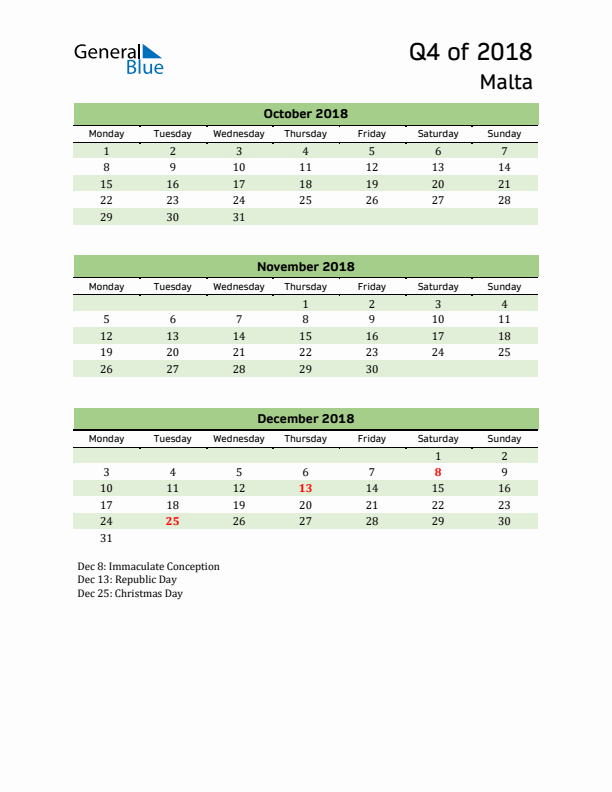 Quarterly Calendar 2018 with Malta Holidays