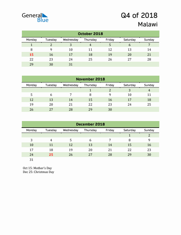 Quarterly Calendar 2018 with Malawi Holidays