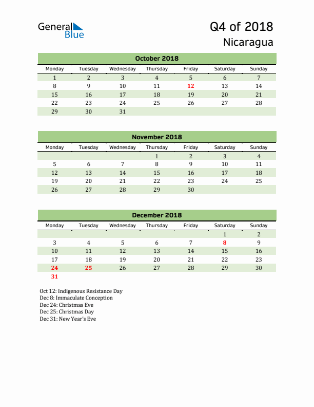 Quarterly Calendar 2018 with Nicaragua Holidays