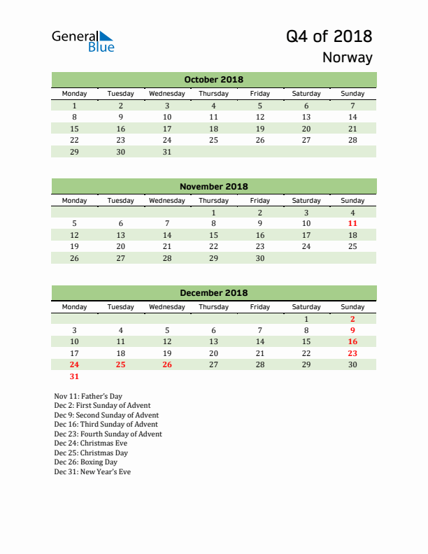 Quarterly Calendar 2018 with Norway Holidays