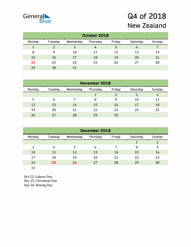 Quarterly Calendar 2018 with New Zealand Holidays