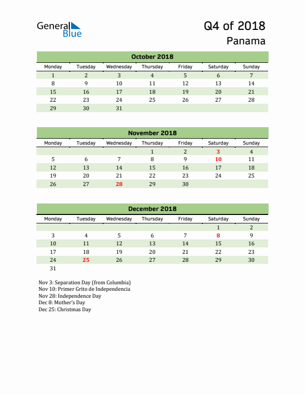 Quarterly Calendar 2018 with Panama Holidays