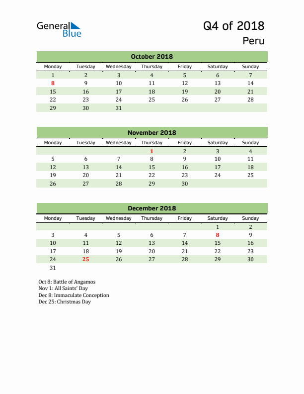 Quarterly Calendar 2018 with Peru Holidays