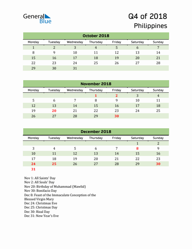 Quarterly Calendar 2018 with Philippines Holidays