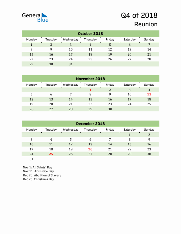 Quarterly Calendar 2018 with Reunion Holidays