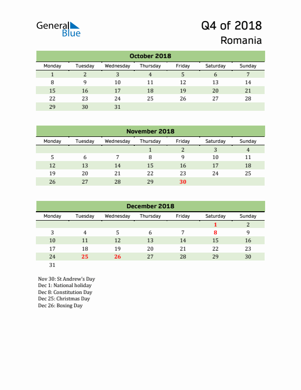 Quarterly Calendar 2018 with Romania Holidays