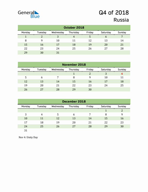 Quarterly Calendar 2018 with Russia Holidays