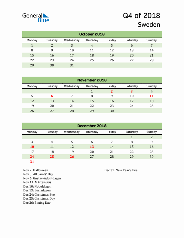 Quarterly Calendar 2018 with Sweden Holidays