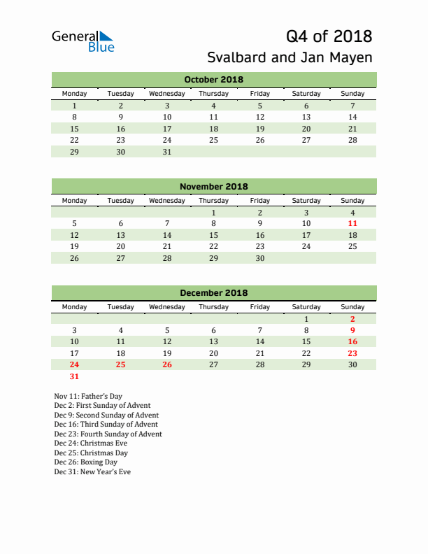 Quarterly Calendar 2018 with Svalbard and Jan Mayen Holidays