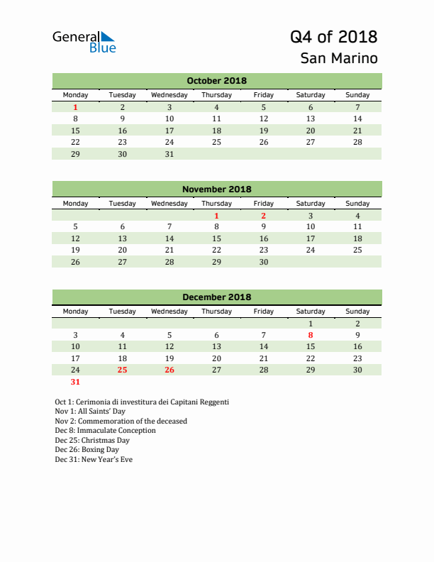 Quarterly Calendar 2018 with San Marino Holidays