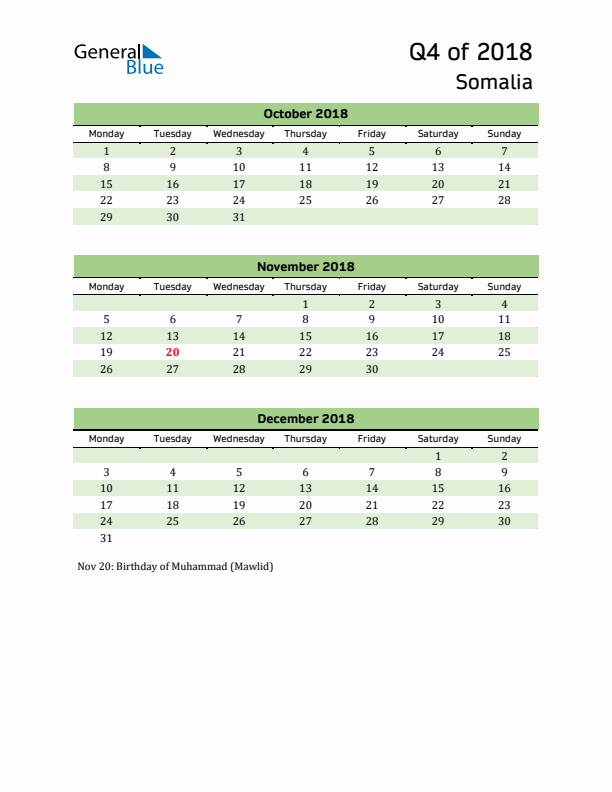 Quarterly Calendar 2018 with Somalia Holidays