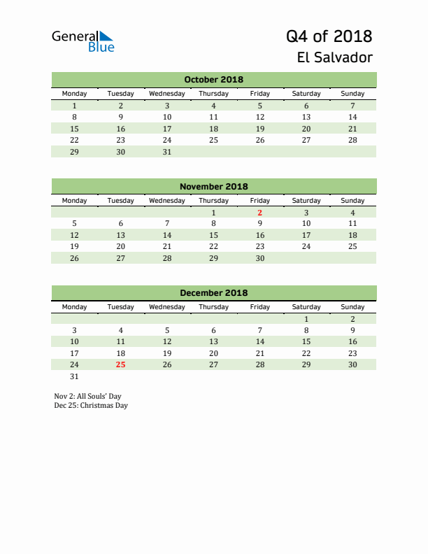 Quarterly Calendar 2018 with El Salvador Holidays