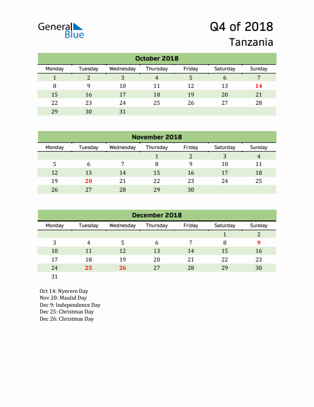 Quarterly Calendar 2018 with Tanzania Holidays