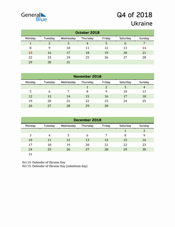 Quarterly Calendar 2018 with Ukraine Holidays