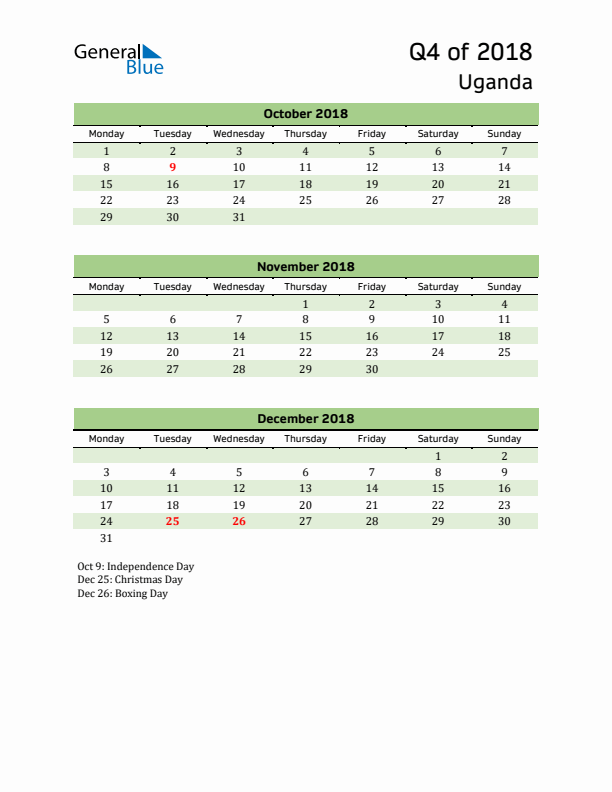 Quarterly Calendar 2018 with Uganda Holidays