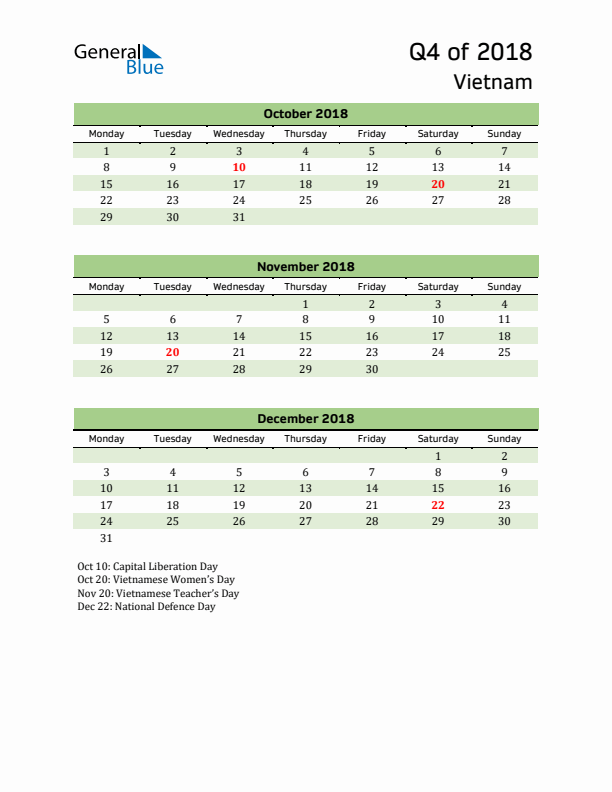 Quarterly Calendar 2018 with Vietnam Holidays