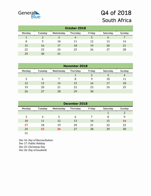 Quarterly Calendar 2018 with South Africa Holidays