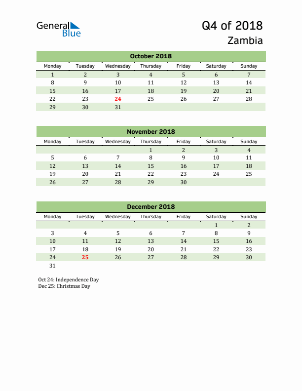 Quarterly Calendar 2018 with Zambia Holidays