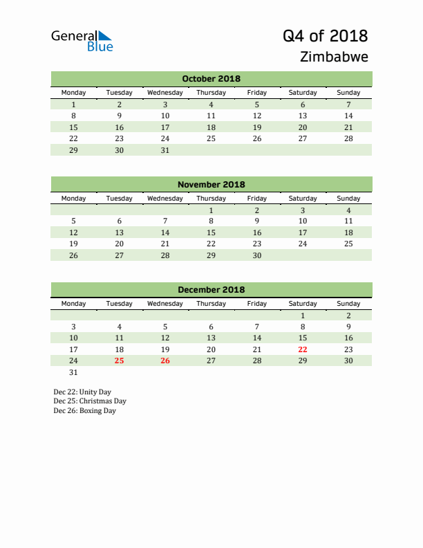 Quarterly Calendar 2018 with Zimbabwe Holidays