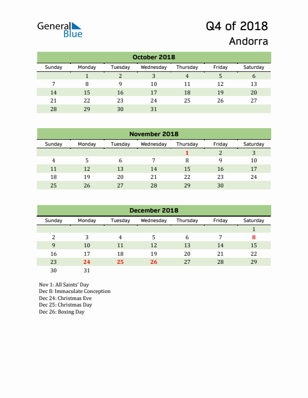 Quarterly Calendar 2018 with Andorra Holidays