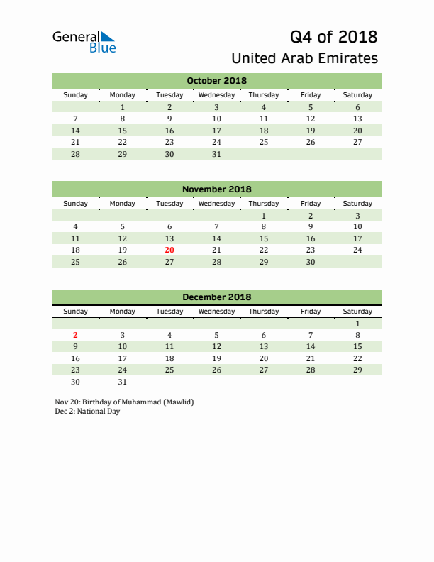 Quarterly Calendar 2018 with United Arab Emirates Holidays